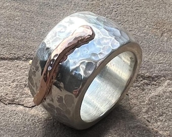 Heaviest 42g +  Sterling Silver 9ct Rose Gold Snake Hammered Snake Ring