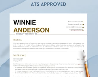 May include: A resume template with a gold and black color scheme. The resume is for Winnie Anderson, a Product Designer. The resume includes contact information, a profile section, and an experience section. The experience section includes a job title of Area Manager.