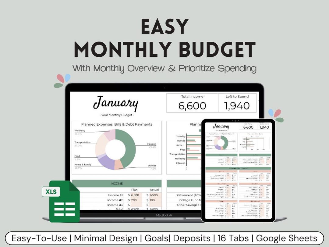 Budget Planner Google Sheets | Bay Leaf Green Palette | Simple Annual ...