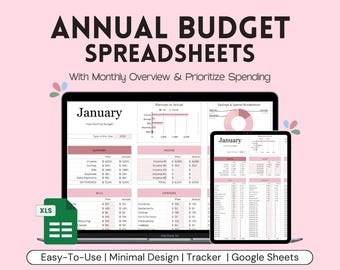 Annual Budget Template Google Sheets | Monthly Personal Finance Tracker | Easy Excel Spreadsheet for Beginners | Debt, Bill, and Savings Log
