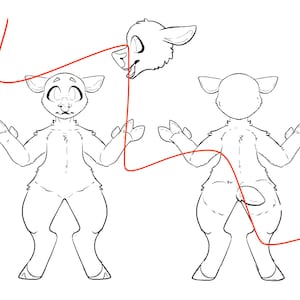 May include: Line art drawing of a sheep character with a blank face, in two poses, one standing with arms outstretched and the other standing with arms at its sides. The sheep has a fluffy body and a small tail.