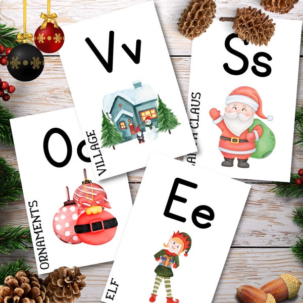 Christmas Themed Alphabet Cards | Winter Themed Alphabet Cards | Flash Cards Montessori Waldorf | Preschool Learning | Pre-K and K