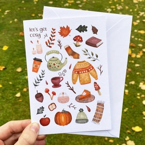 Carte de voeux d'automne, détendons-nous, saison d'automne, automne de théière, cadeau d'automne confortable, cottagecore d'automne, carte d'automne fantaisiste, A6