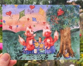 Fuchs Picknick Postkarte, Natur Mini Druck, Fuchs Kunst, natürliche Postkarte, A6 Druck, Magische Postkarte Illustration, Naturecore Kunst, Kytes Postkarte