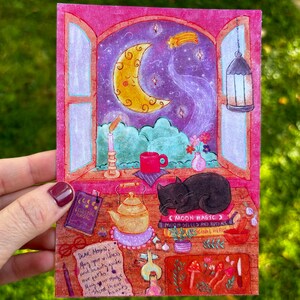 Mond Magie Postkarte, Witchy Mini Print, Celestial Art, Halloween Postkarte, A6 Druck, Hexenmagie Art, Magische Postkarte Illustration, Mond