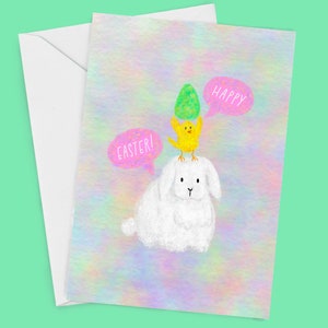 Tarjeta de felicitación de Pascua, Tarjeta de felicitación A6, Tarjeta de Pascua divertida, Tarjeta de Pascua linda, Conejito y pollito, Tarjeta de felicitación linda, Conejito lindo, Colores pastel