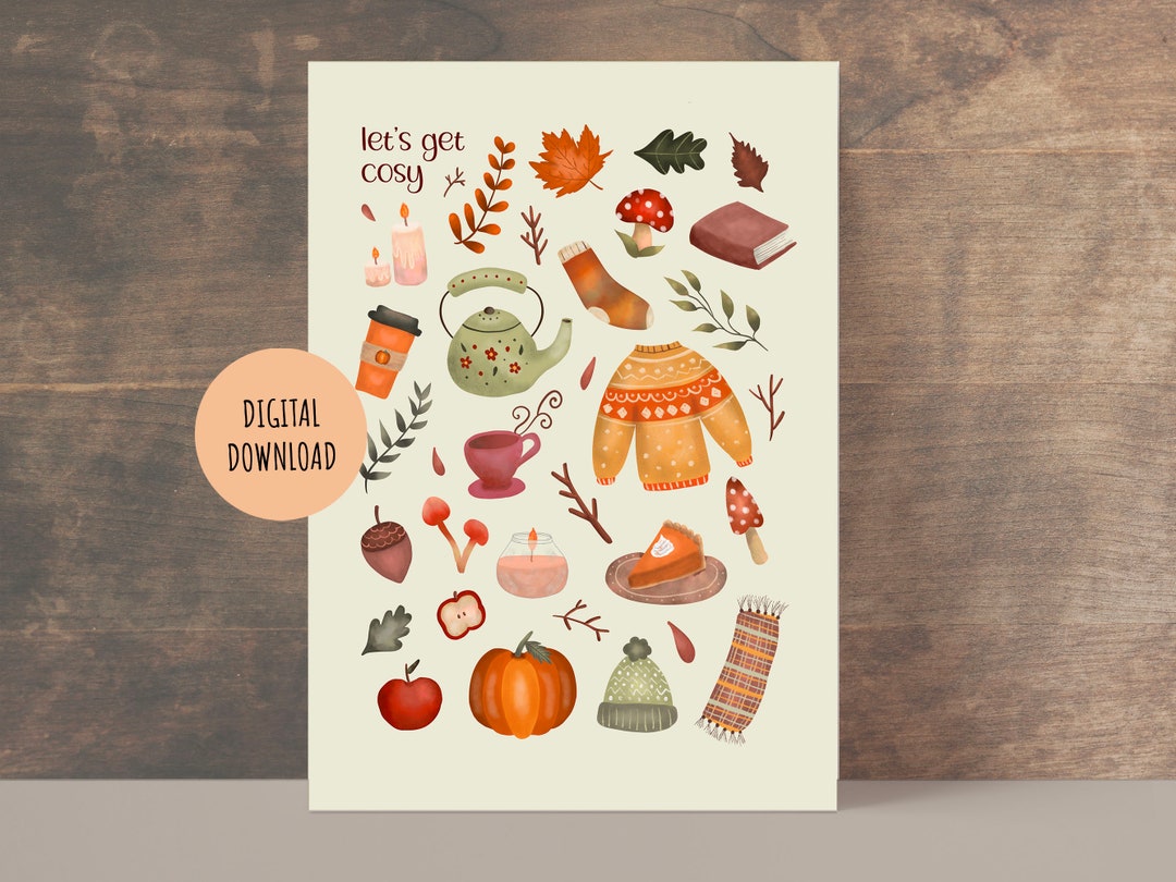 PRINTABLE Lets Get Cosy Print, Fall Season, Cozy Pattern, Tea Pot Fall ...