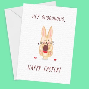 Tarjeta de felicitación de Pascua, Tarjeta de felicitación A6, Tarjeta de Pascua divertida, Tarjeta de Pascua linda, Tarjeta de conejito, Conejito y chocolate, Conejito lindo, Regalos para adictos al chocolate