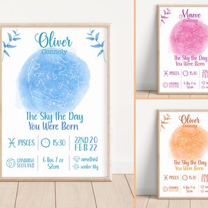Carte du jour de votre naissance, détails de naissance, cadeaux personnalisés pour bébé, cadeau de naissance du zodiaque, signe de naissance, idée cadeau bébé garçon, petite fille