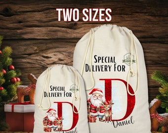 Personalised Santa sack, Custom Printed Xmas Toy Sack, girl, boy, Christmas Eve box, first Christmas gift, Letter Initial, Reindeer