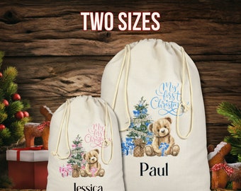 Personalised Santa sack, Custom Printed Xmas Toy Sack, girl, boy, Christmas Eve box, Baby's First Xmas Gift, Cute Pink or Blue Baby Bear
