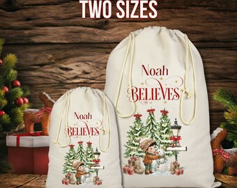 Personalised Santa sack, Custom Printed Xmas Toy Sack, Christmas Eve box, first Christmas gift, Boy and Snowman