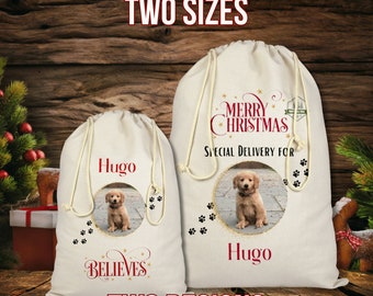 Personalised Santa Sack For Pets, Custom Christmas Toy Bag, Dog, Cat Xmas Gift, Printed Photo Present, Christmas Eve box, First Christmas
