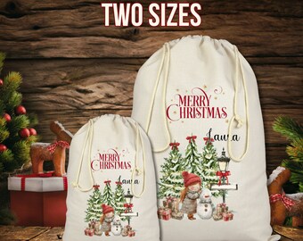 Personalised Santa sack, Custom Printed Xmas Toy Sack, Christmas Eve box, first Christmas gift, Girl and Snowman