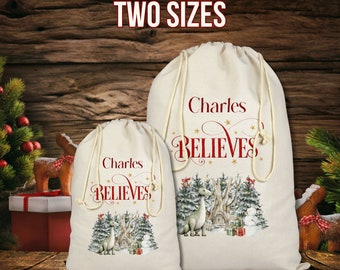 Personalised Santa sack, Custom Printed Xmas Toy Sack, girl, boy, Christmas Eve box, first Christmas gift, Dinosaur