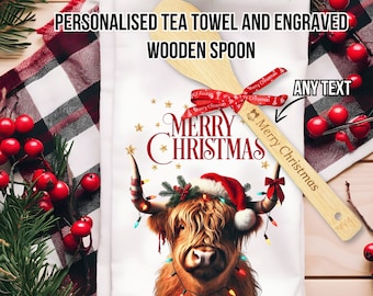 Personalised Christmas Highland Cow Tea Towel, Engraved Wooden Spoon, Large Xmas Dish Cloth, New Home Family Christmas Gift