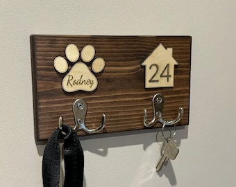 Personalised Dog Lead Holder, Wall-mounted Key Holder, Double Chrome Hook, Custom Wooden Leash Hanger, Pet Lover Gift, Bronze Vintage Hook
