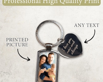Personalised Photo Keyring, Engraved Keychain With Picture, Mum’s Present, Custom Gift, Any Text, Engraved Heart Charm, Mother's Day Gift