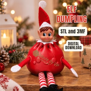 Puede incluir: Una figura de elfo con forma de bola de masa roja, con un gorro puntiagudo rojo y blanco, ojos azules y piernas a rayas rojas y blancas. El texto ELF DUMPLING, STL and 3MF y DIGITAL DOWNLOAD es visible. Brazos rojos con puños blancos.