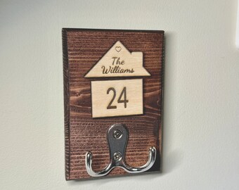 Personalised Key Holder, Double Chrome Hook, Custom Wooden Home Gift, Bronze Vintage Hook, Engraved Surname, Wall-mounted