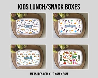Personalised Snack Box, Kids Lunch Box, Boys Lunch Box, Dinosaurs Lunch Box, Cars Lunch Box, Trucks, Bus, Planet, Snack Tub