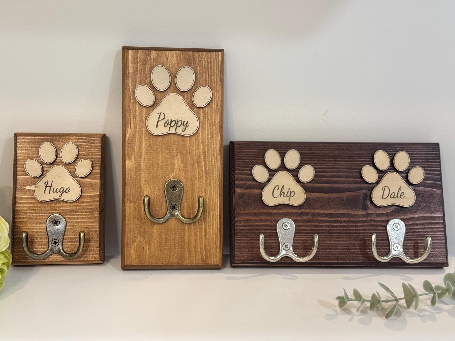 Personalised Dog Lead Holder, Double Chrome Hook, Custom Wooden Dog Leash Hanger, Pet Lover Gift, Bronze Vintage Hook