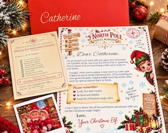 Personalised Elf Arrival Letter Set with Official Red Envelope, Inspection List, Custom North Pole Mail, Christmas Letter