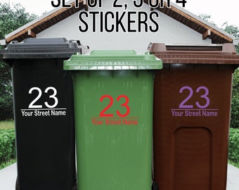 Wheelie Bin Vinyl Sticker, Personalised Custom House Number and Address Label Decals, Set of 2, 3 or 4 Waterproof Stickers, Different Colour