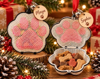 Personalised Dog Christmas Treat Bauble, Fillable Paw Ornament, Pet Christmas Gift, Cat Stocking Filler, Puppy Treat Holder