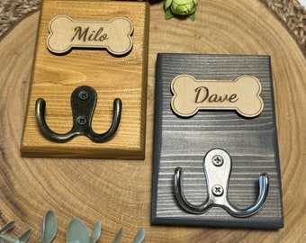 Personalised Dog Lead Holder, Double Chrome Hook, Custom Wall-mounted Wooden Pet Leash Hanger, Pet Lover Gift, Bronze Vintage Hook