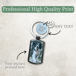 May include: A silver metal keychain with a rectangular photo frame featuring a black and white dog. The photo frame is attached to a silver metal ring with a small silver charm that reads "Forever in my heart" and a paw print. The text "ANY TEXT" is written on the image.
