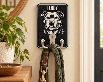Personalised Dog Lead Holder, Engraved Dog Breed & Name, Custom Pet Leash Hanger, Double Chrome Hook, Dog Owner Gift