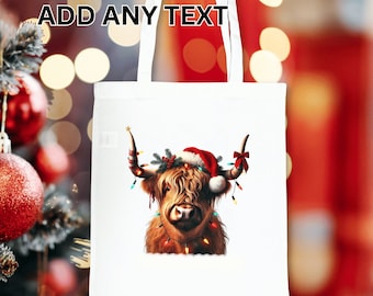 Personalised Highland Cow Tote Bag, Cute Christmas Cow Gift, Secret Santa Present For Her, Bag For Mum, Festive Xmas