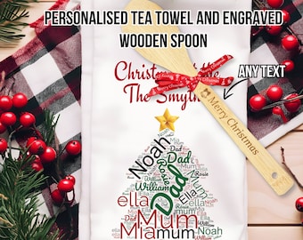 Personalised Christmas Tea Towel, Engraved Wooden Spoon, Large Xmas Dish Cloth, Add Names, Family Tree, New Home Family Christmas Gift
