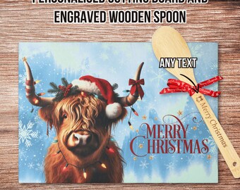 Personalised Christmas Highland Cow Cutting Board, Family Gift, Xmas Family Keepsake, Holiday Decor, Cute Cow Present, Engraved Wooden Spoon