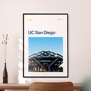 May include: A framed poster featuring the UC San Diego logo and the university's iconic Geisel Library. The image showcases the library's unique architectural design against a clear blue sky. The poster is displayed on a wooden surface.