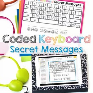 May include: A colorful image featuring the text "Coded Keyboard Secret Messages." The image includes a printed keyboard layout with emoji symbols, a tablet displaying the same layout, and a pair of green headphones. The background is white.