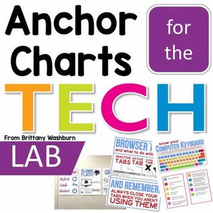 May include: A set of educational posters and charts with a vibrant colour scheme. The words "Anchor Charts" and "TECH LAB" are displayed. Additional posters cover topics like browser use and keyboard shortcuts. The image includes the text "From Brittany Washburn."