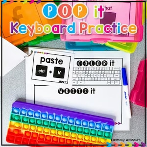 Activité avec clavier POP It | Cartes de tâches de dactylographie pour enfants | Centre de laboratoire informatique imprimable | Mots à vue et entraînement au clavier