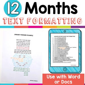 Peut inclure: Graphique numérique avec le texte "12 Months TEXT FORMATTING" en noir et rouge. L'image comprend une tablette affichant des instructions de formatage de texte et un exemple imprimé. Le texte inférieur indique "Use with Word or Docs."