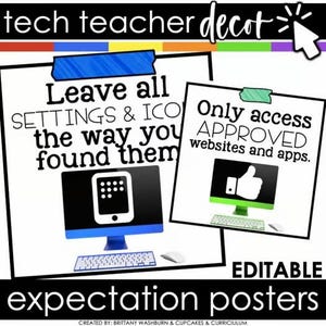 Op de afbeelding: Twee verwachtingsposters met computergraphics. Op de ene poster staat: "Laat alle INSTELLINGEN & ICO'S zoals je ze hebt gevonden." Op de andere poster staat: "Alleen toegang tot GOEDGEKEURDE websites en apps." De posters zijn gelabeld "bewerkbaar."