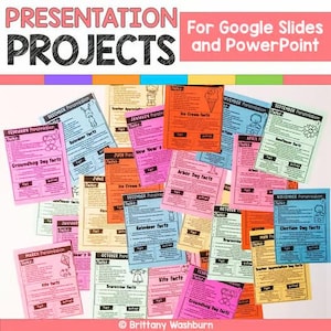 Puede incluir: Una colección de coloridas tarjetas de proyectos de presentación para Google Slides y PowerPoint. Las tarjetas presentan datos para varios meses, incluidos el Día de la Marmota, los renos y el Día de las Elecciones. El texto "PRESENTATION PROJECTS" está en la parte superior.