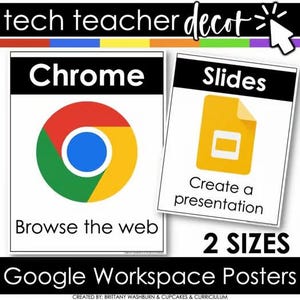 May include: Two white posters with black borders. One features the Chrome logo and the text "Browse the web." The other shows a yellow document icon and the text "Create a presentation." The text "2 SIZES" is also visible.
