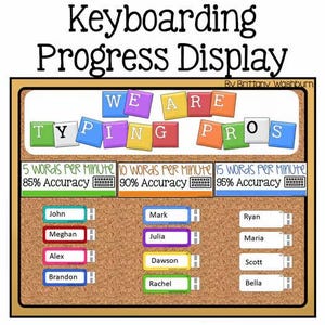 May include: A corkboard-style display titled "Keyboarding Progress Display" with colorful text blocks spelling "WE ARE TYPING PROS." Below are progress bars for typing speed and accuracy, and name tags for students.