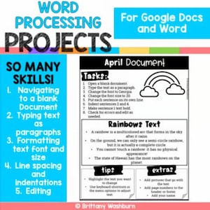 May include: An educational graphic titled "Word Processing Projects" for Google Docs and Word. The image lists skills including navigating a document, typing text, formatting text, and editing. The "April Document" section provides tasks and tips, with a rainbow illustration.