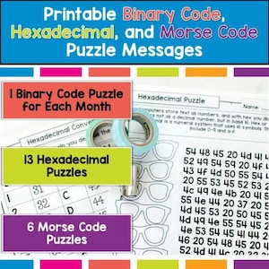 以下が含まれることがあります： 「Printable Binary Code, Hexadecimal, and Morse Code Puzzle Messages」のテキストが入ったカラフルなグラフィック。バイナリ、16進数、モールス信号のパズルが、例と説明付きで表示されています。