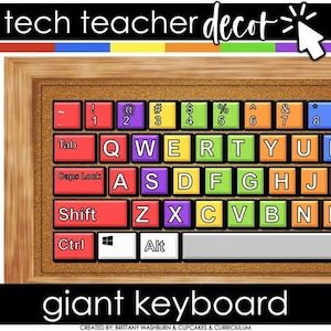 May include: A colorful giant keyboard design with a wooden frame. The keyboard keys are various colors, including red, purple, yellow, green, and orange. The text "giant keyboard" is at the bottom.
