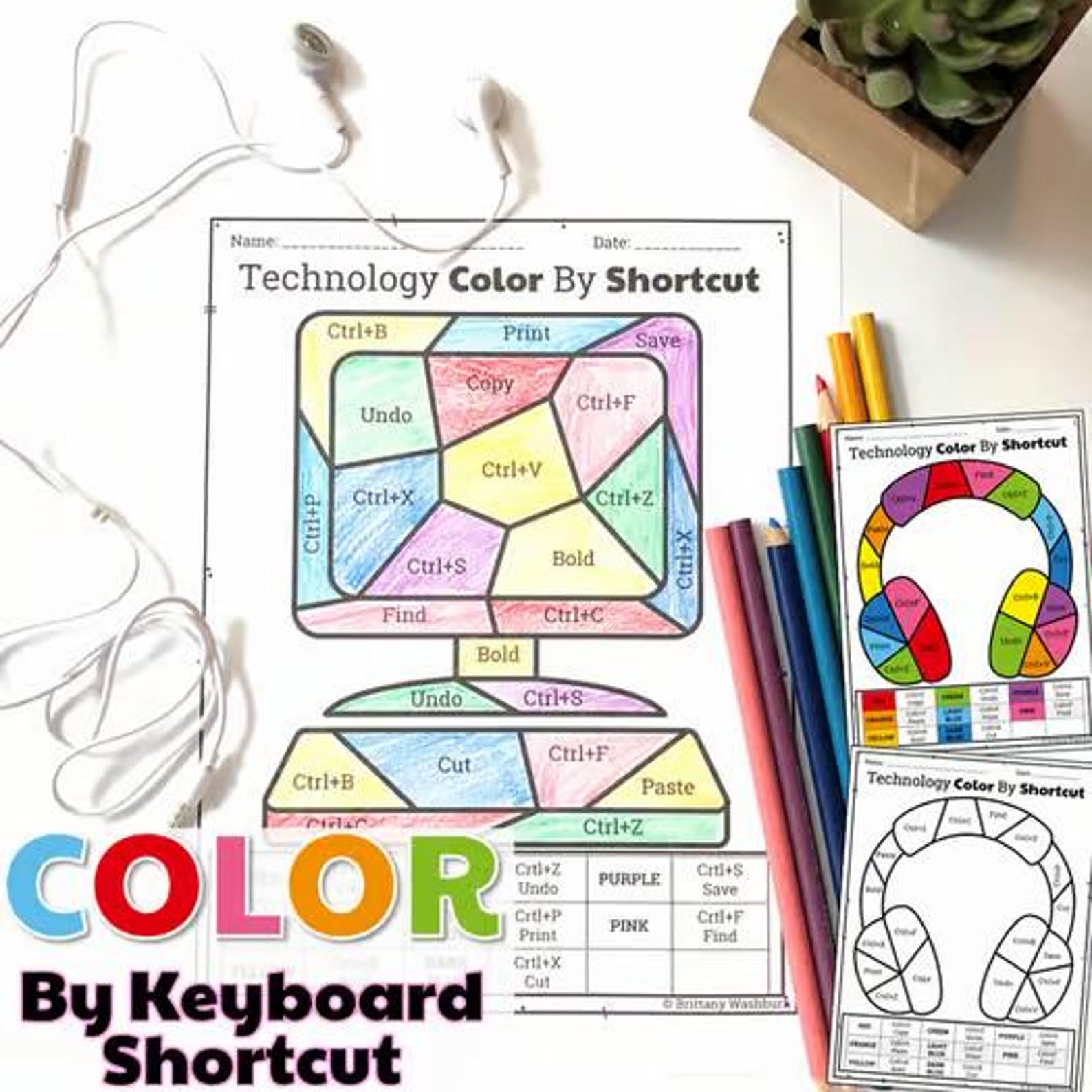 Typing Learning Color Color by Keyboard Shortcut Worksheet | Printable Tech-themed Typing ...