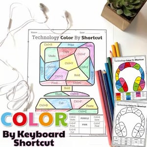 Peut inclure: Une page à colorier intitulée "Technology Color By Shortcut" présente un graphique d'ordinateur divisé en sections avec des raccourcis clavier. La page est partiellement colorée aux crayons de couleur, avec le titre "COLOR By Keyboard Shortcut".