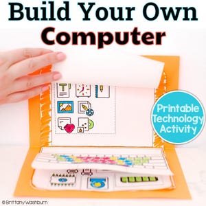 以下が含まれることがあります： 「Build Your Own Computer」というタイトルのペーパークラフトで、白いフラップを持ち上げてコンピューターのアイコンを明らかにしています。クラフトはオレンジ色で、「Printable Technology Activity」と書かれた青い円があります。